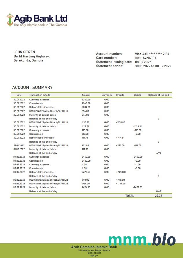 Szablon wyciągu bankowego Gambia Access, format Word i PDF